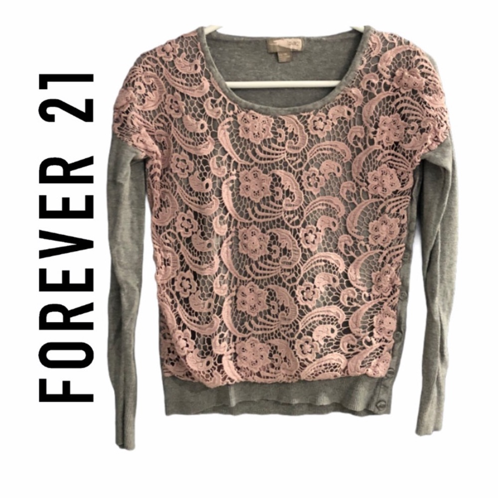 Forever 21 Lace Overlay Pink Gray Sweater - Picture 1 of 5